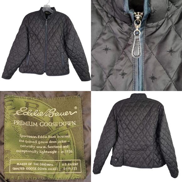 Eddie Bauer Goose Down Puffer Jacket Womens Medium Black Packable Equestrian - Picture 1 of 9
